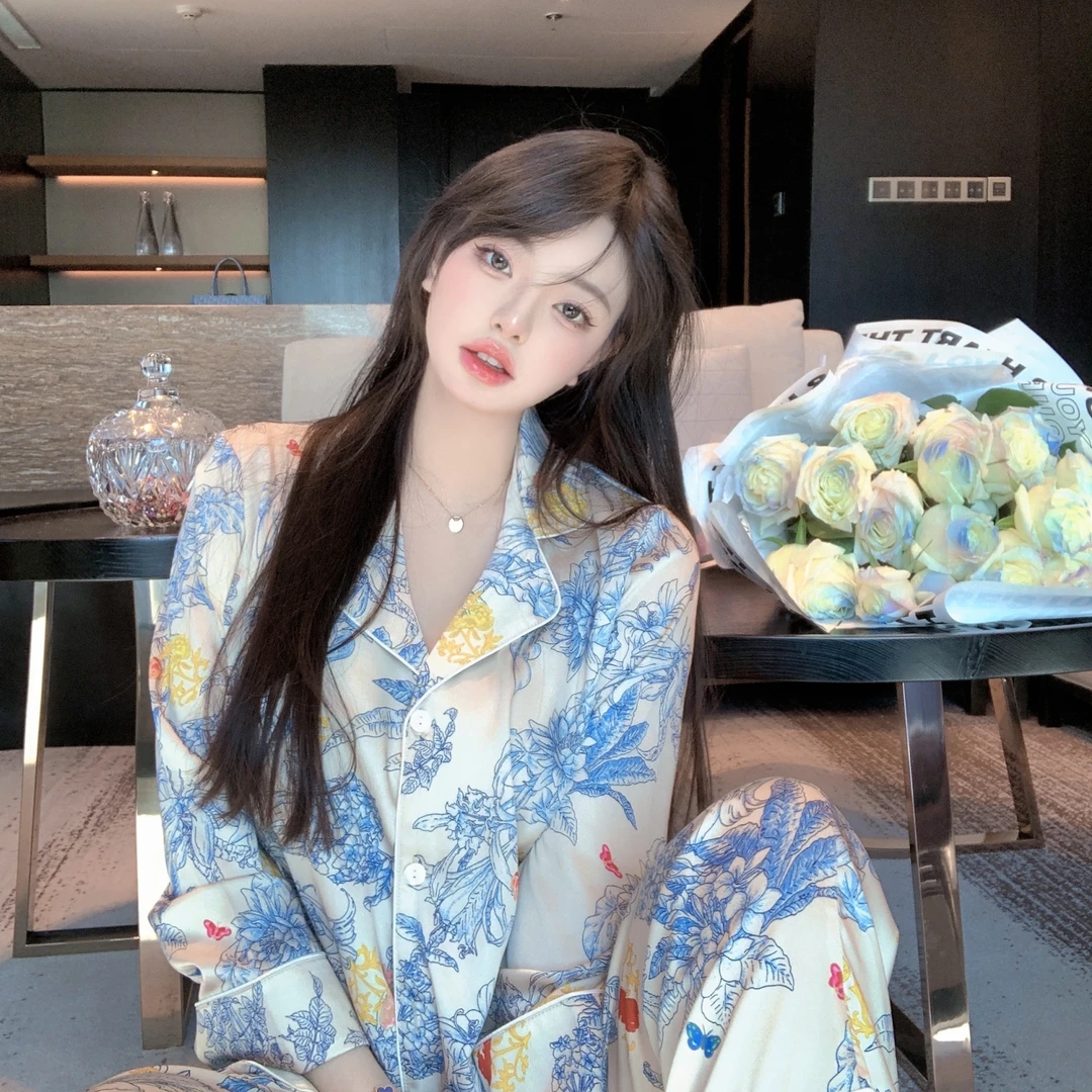 中式印花冰丝睡衣女春秋2025年新款长袖家居外穿轻薄长袖睡衣套装