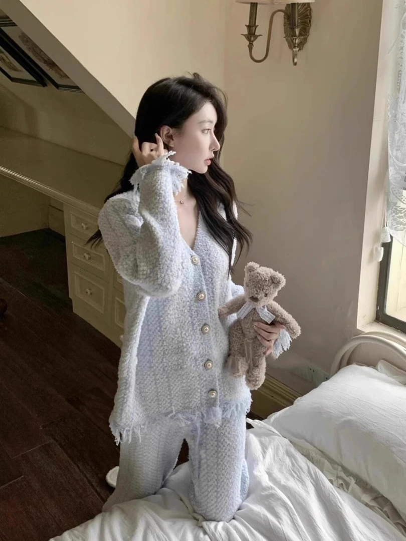 韩版香芋紫小香风半边绒针织睡衣女秋冬款加厚毛绒大码家居服套装