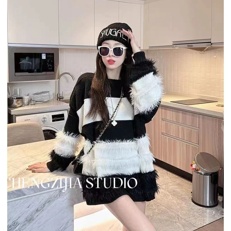 【秋季新款】毛毛黑色针织衫女秋慵懒风圆领毛衣网红韩版