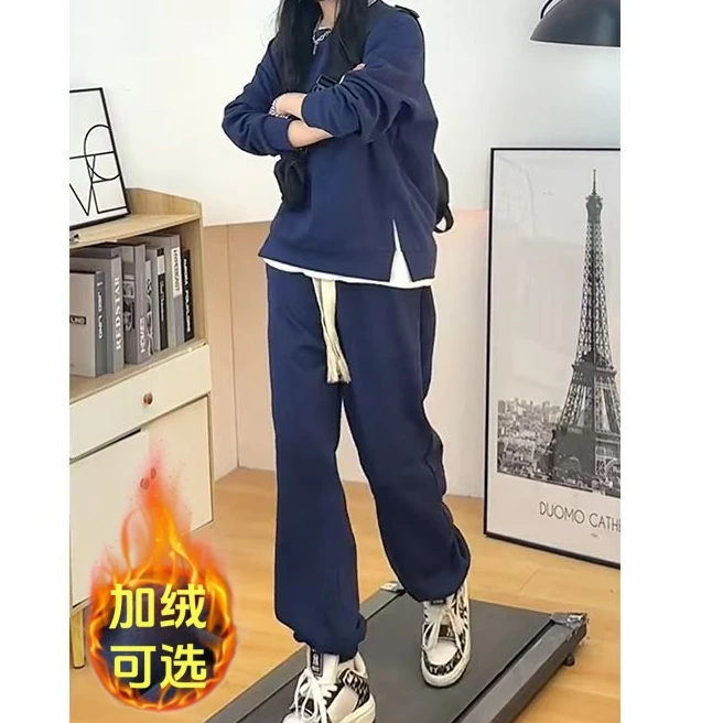 男士宽松运动套装情侣纯色假两件圆领休闲百搭卫衣暑假卫裤两件套