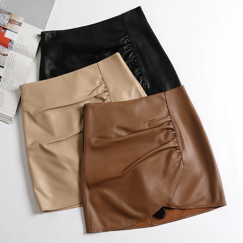 2025新款真皮羊皮短裙半身a字裙韩版不规则高腰包臀显瘦皮裙纯皮