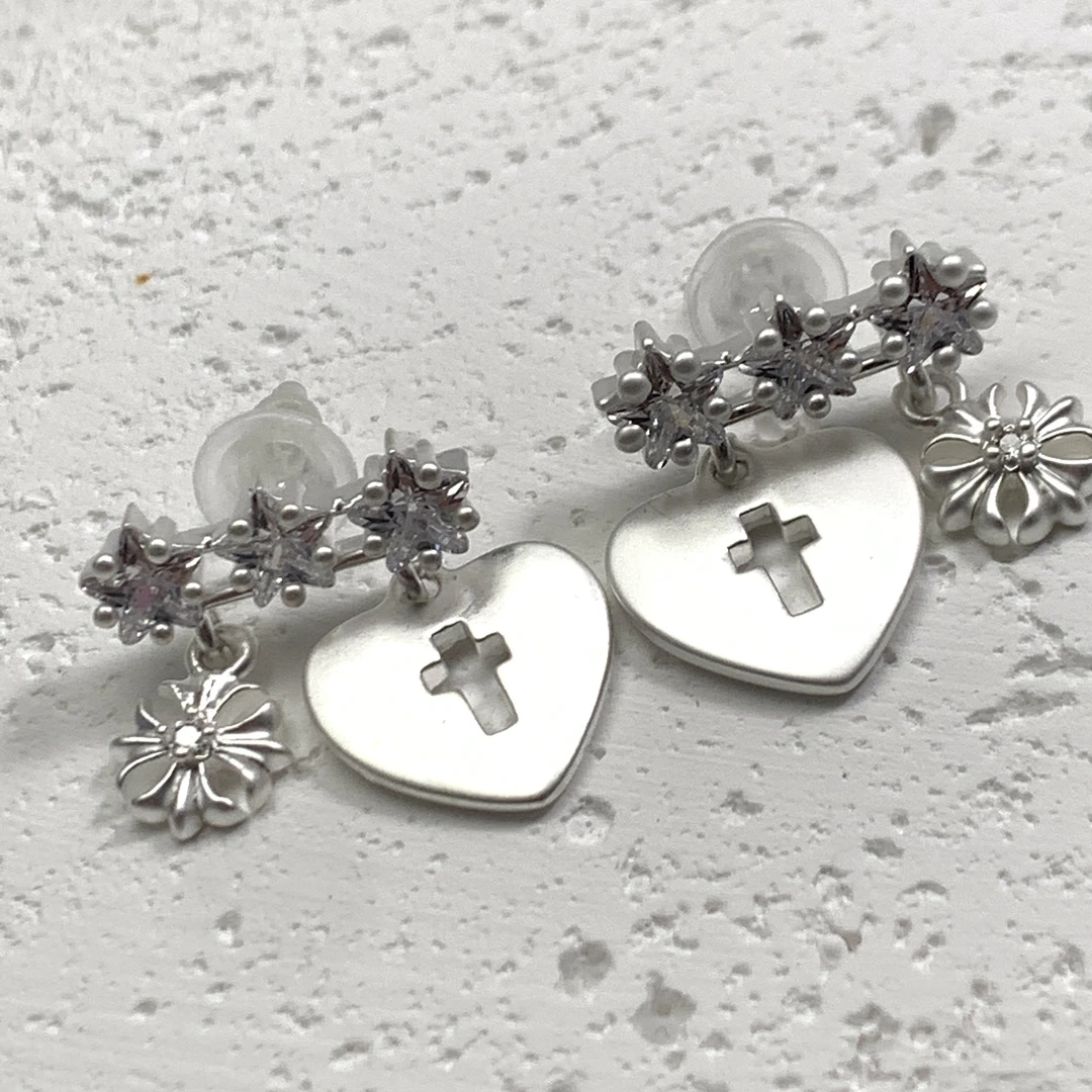 铜合金合成锆石耳饰 03530大绮原创哑光银白色爱心五角星个性耳环