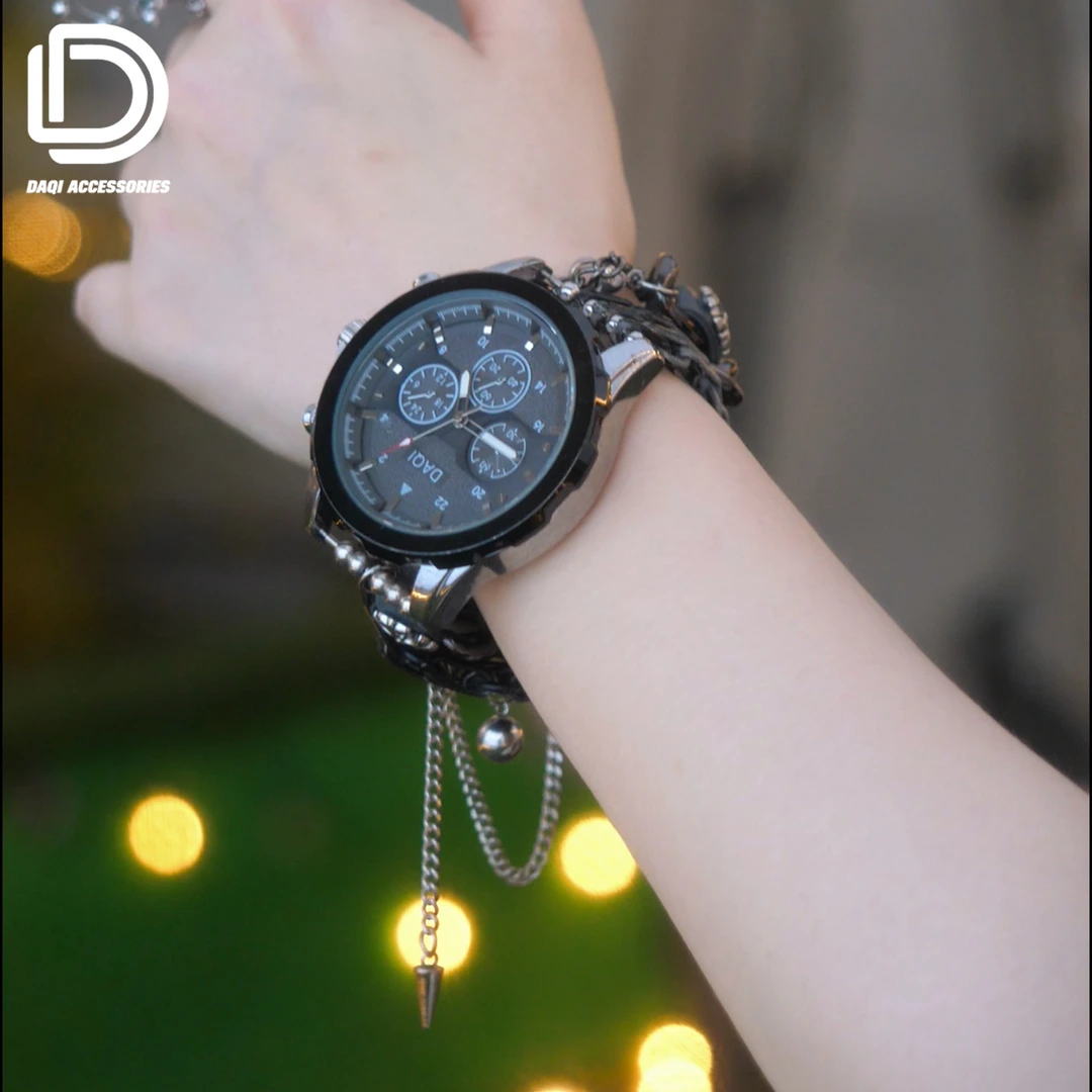 03387大绮原创水泥灰圆形手表拼灰色皮质手链手表百搭时尚夜光