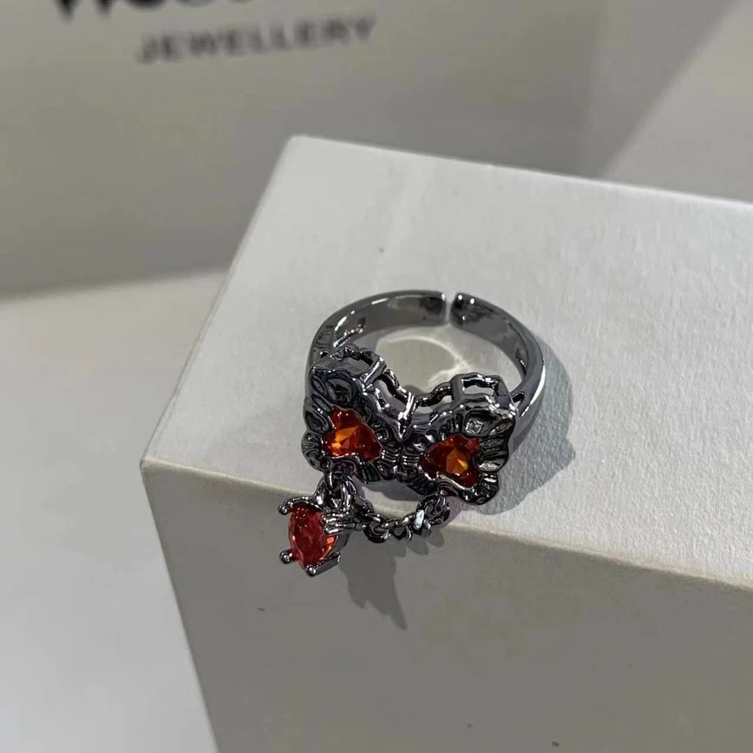 铜合金合成锆石戒指 01389小众设计潮酷个性橙锆蝴蝶结流苏开口戒