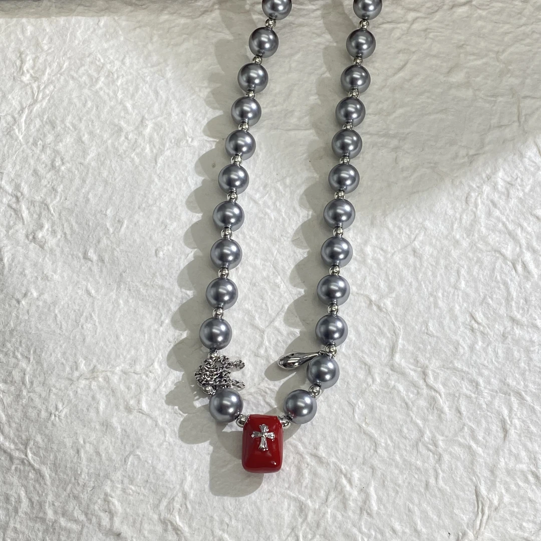 铜合金仿珍珠项链 04151大淇原创安哥拉红十字仿珍珠流苏百搭项链