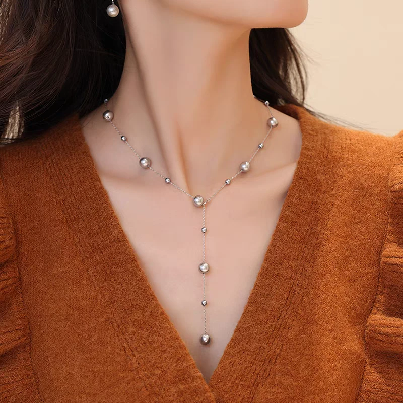 钛钢仿珍珠项链 01339小众设计真多麻灰色满天星珠珠Y形锁骨链