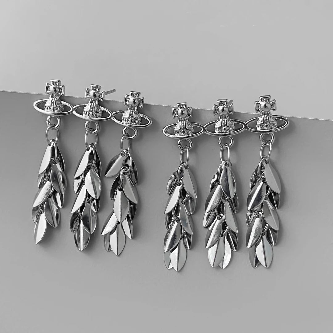 铜合金耳饰 01616时尚气质ins冷淡风土星叶子流苏百搭耳环