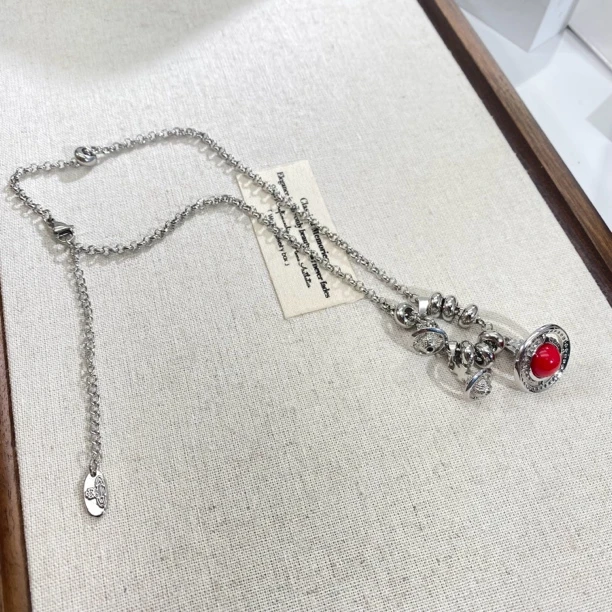 铜合金合成锆石项链 04058大淇原创ins安哥拉红仿珍珠个性项链