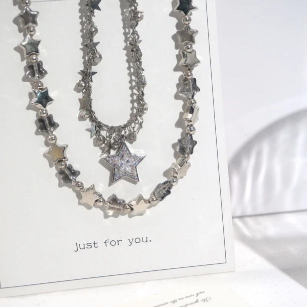 铜合金合成锆石项链 03353大绮原创双层叠戴五角星个性百搭项链