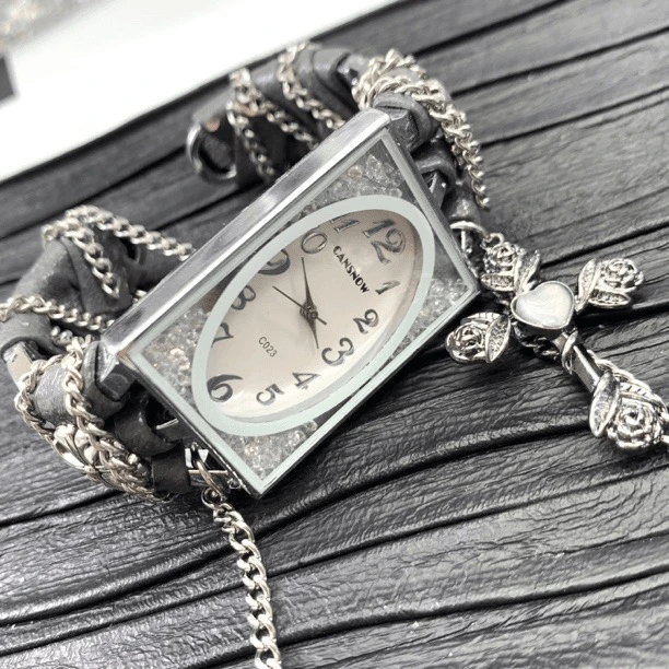 03040大绮原创白色方形流沙手表拼灰色皮质手镯手表