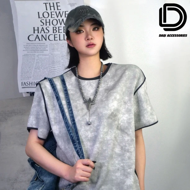 铜合金仿水晶项链 04122大淇原创秋冬新款灰色大星芒珠珠项链