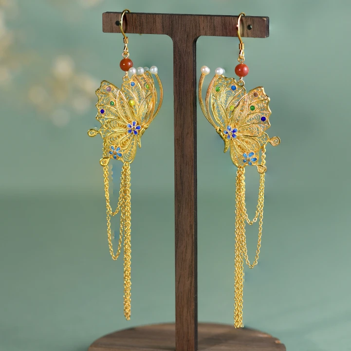 子羽 925银耳饰 蝴蝶流苏银耳饰女款手工掐丝国风新中式精致素款