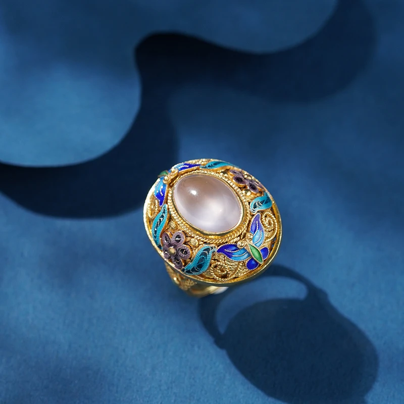 925银戒指 手工镶嵌花丝戒指复古银戒古风