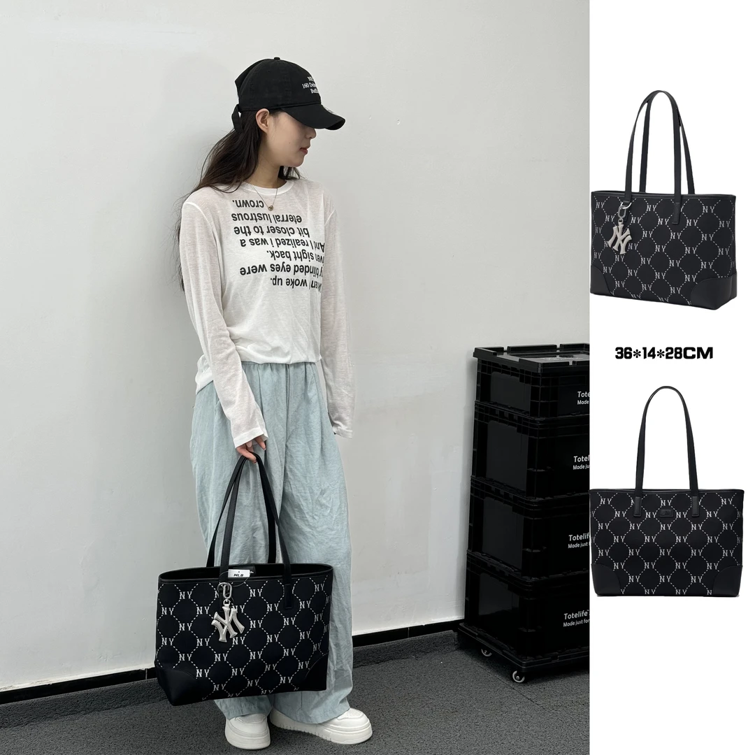 MLB 纽约洋基队复古老花时尚休闲托特包单肩手提包日常休闲包黑色