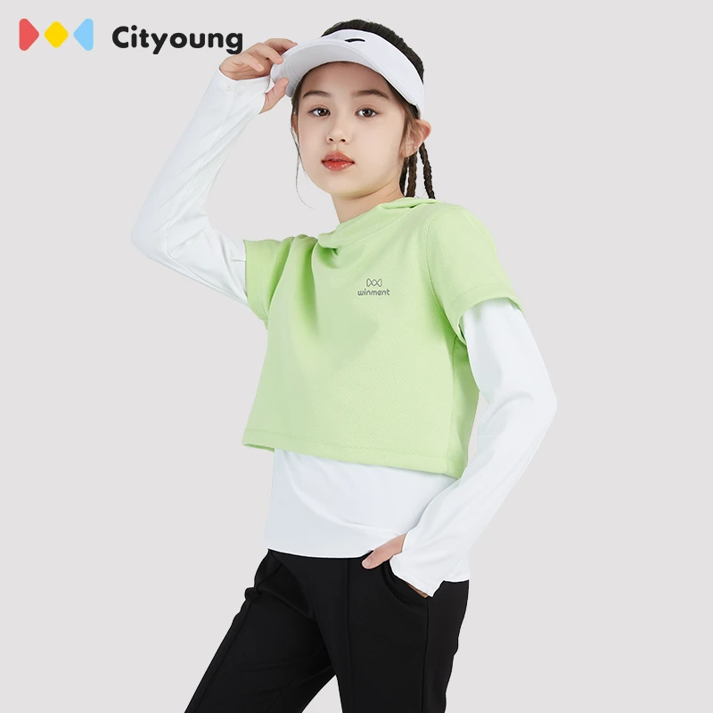 cityoung儿童男女童假两件长袖春秋季新款打底衫运动衫童装户外