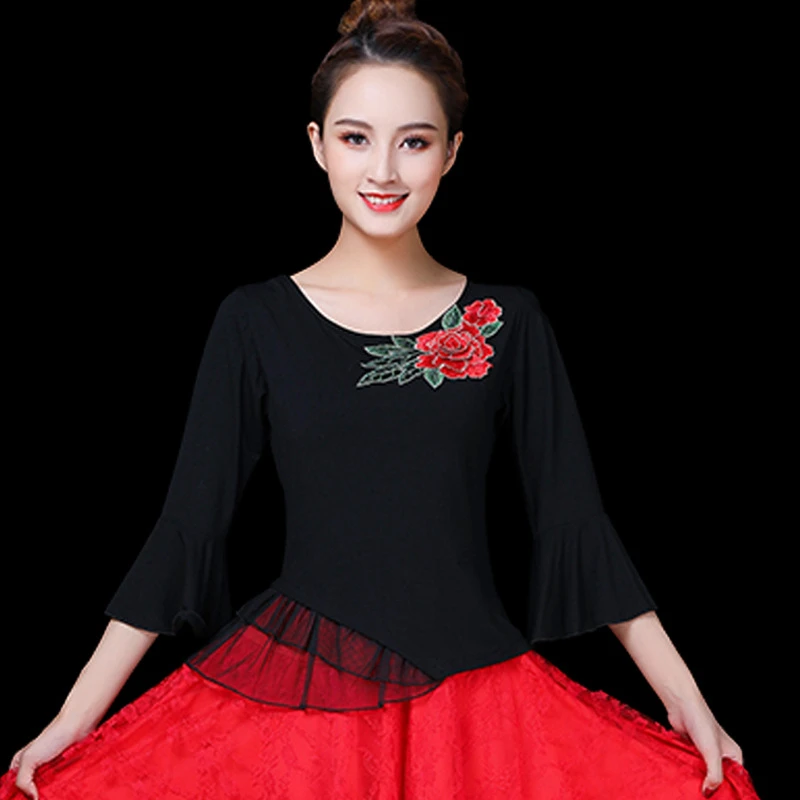 广场舞服装新款套装春夏秋季莫代尔中国风喇叭袖跳舞裙女衣服演出