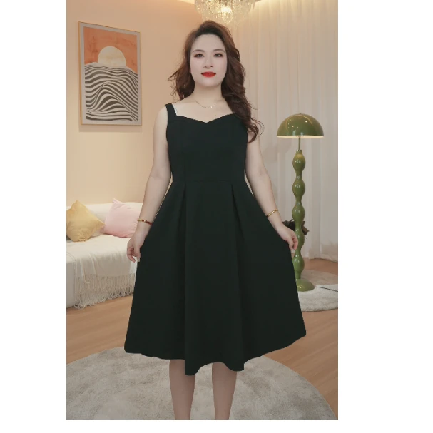 【胖大心】26878450夏季胖mm吊带裙子赫本显瘦成人无袖a字小黑裙