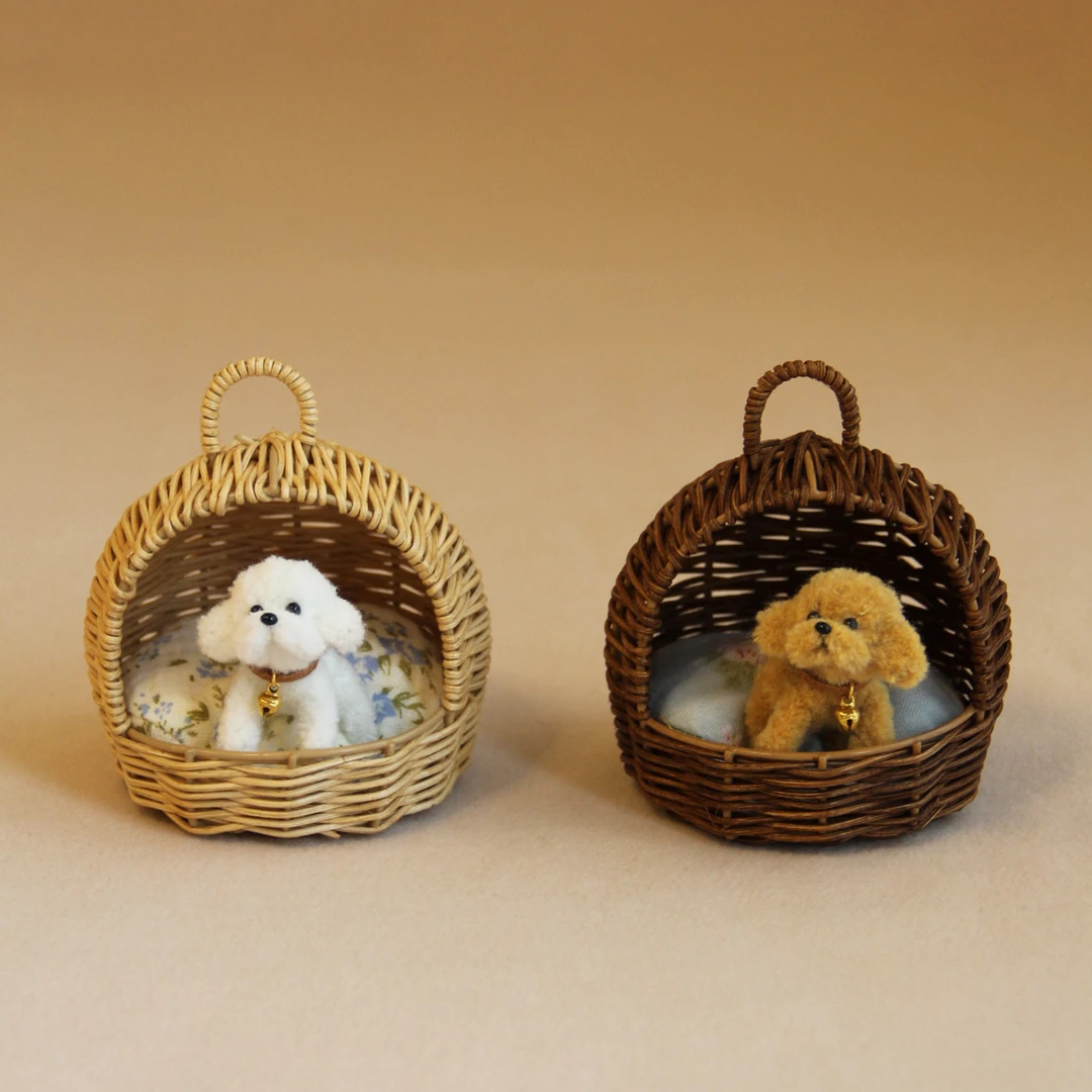 12分微缩迷你藤编迷你扭扭棒小狗加小窝篮子装饰道具手工编制创意