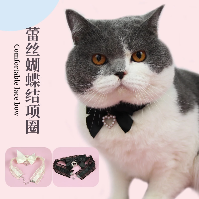 爱心蝴蝶结珍珠吊坠 可爱宠物项圈  猫咪狗狗脖圈 蕾丝蝴蝶结项圈