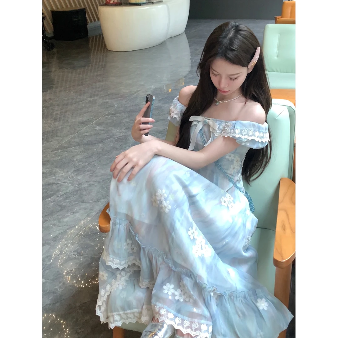 乔一79-119蓝色妖姬流光花梦小众设计连衣裙超好看碎花女夏