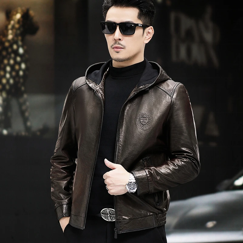 海宁真皮皮衣男绵羊皮2025新款春秋季男士机车皮衣带帽皮夹克外套