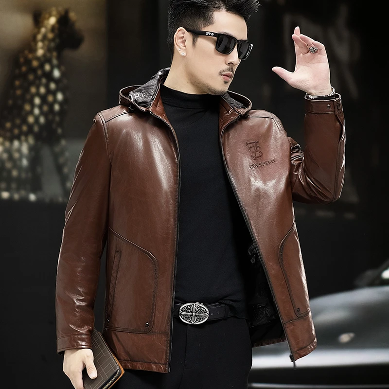 海宁真皮皮衣男山羊皮2025新款冬季男士带帽可脱卸真皮羽绒服外套