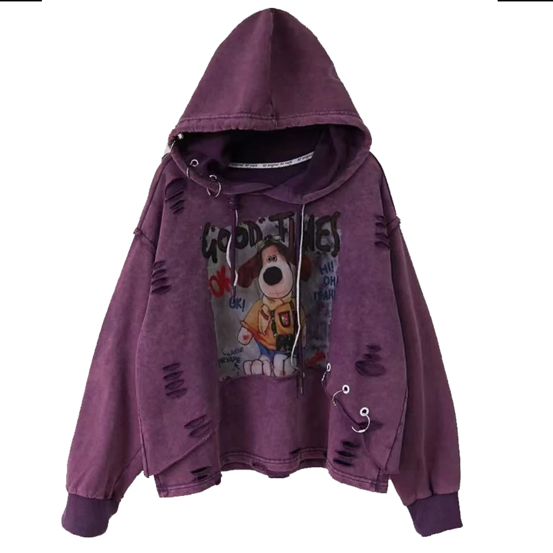 卫衣印花秋季连帽破洞带帽百搭女装韩版宽松长袖加绒开衫时尚