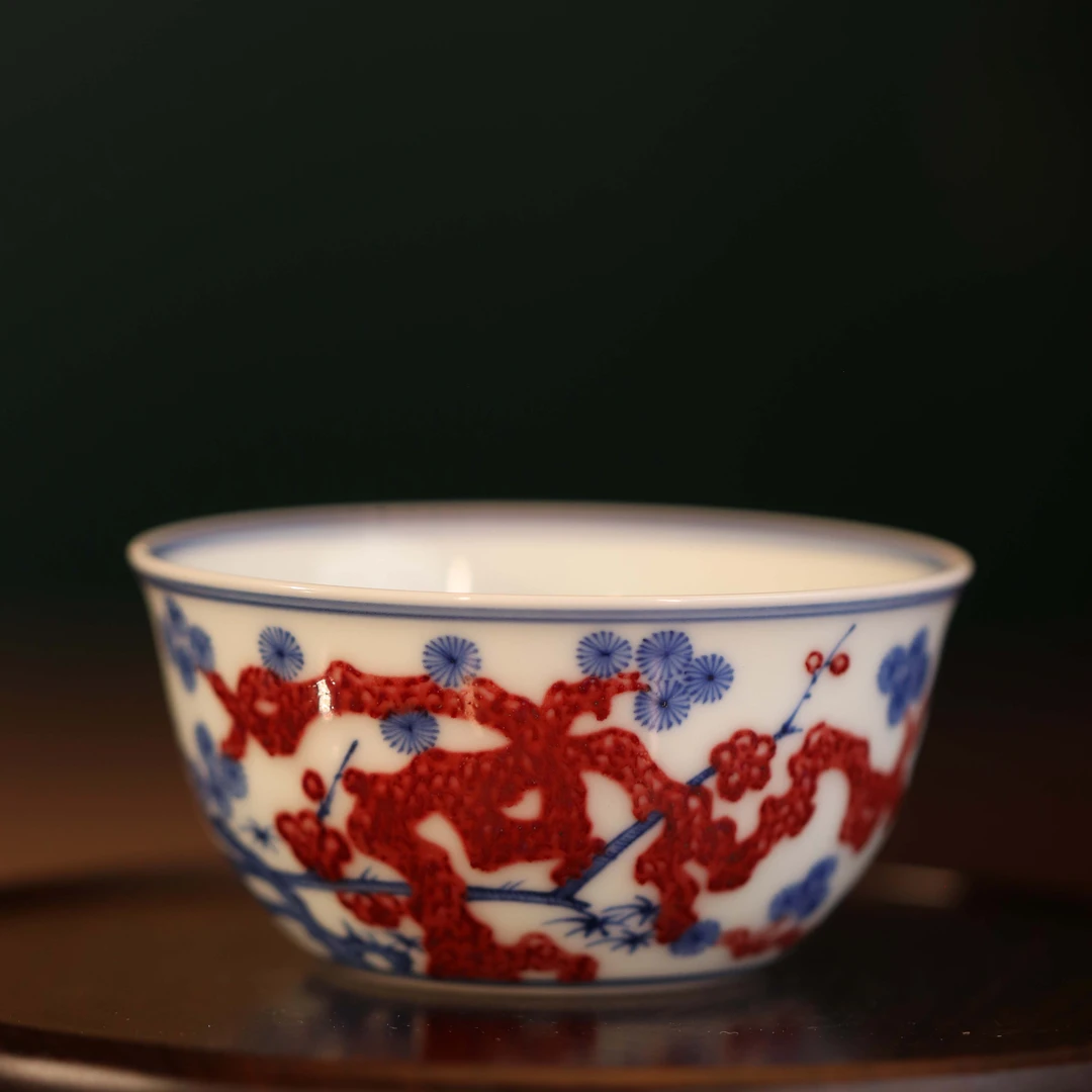 林泉风月景德镇纯手工仿明青花釉里红鸡缸杯手绘松竹梅主人杯