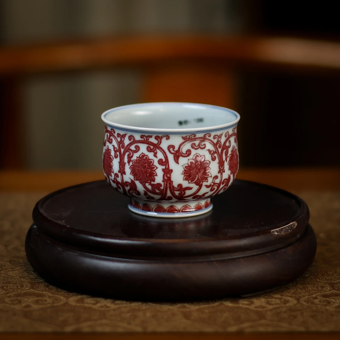 林泉风月景德镇高端茶器手工茶杯原矿双勾缠枝莲炉式杯手绘主人杯