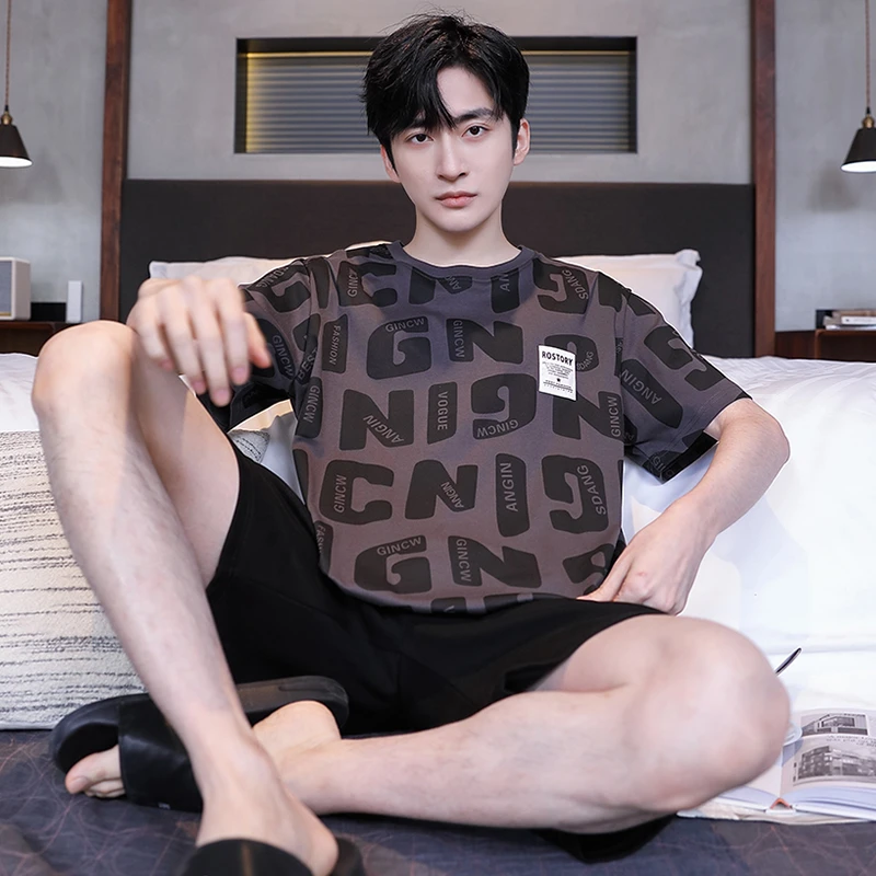 夏季睡衣男士短袖短裤时尚套装学生圆领薄款夏天可外穿大码家居服