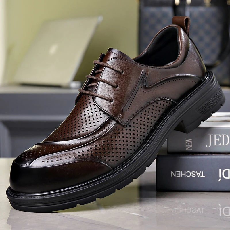 大头皮鞋男凉鞋夏季真皮透气商务休闲镂空洞洞鞋系带厚底增高鞋子