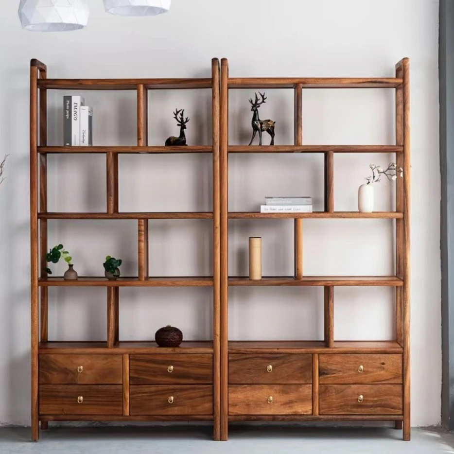067胡桃木和风博古架2件套 大板厂满春 纯料两件套98×36×197