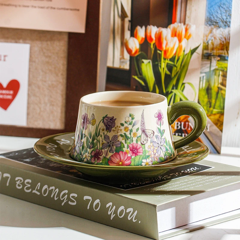 复古田园风咖啡杯碟中古风油画绿铃兰花陶瓷杯碟原创下午茶水杯子