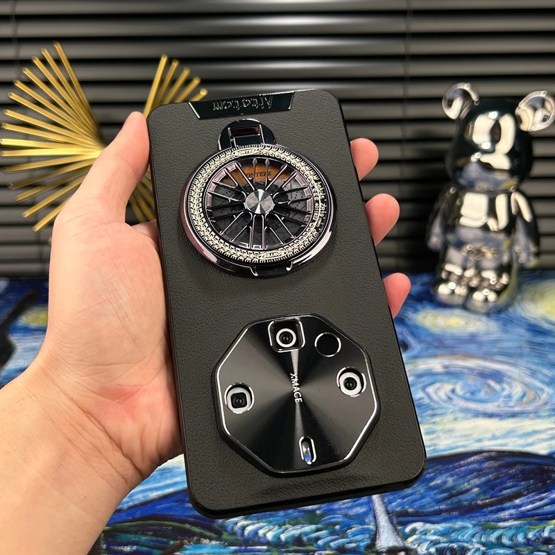 适用华为mate60RS非凡大师手机壳解压陀螺支架素皮防摔保护壳网红