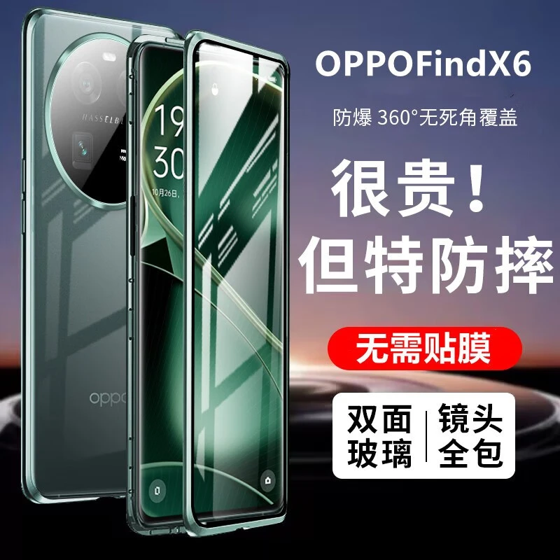 适用oppoFindX6磁吸手机壳防窥双面玻璃findx6pro镜头全包保护套