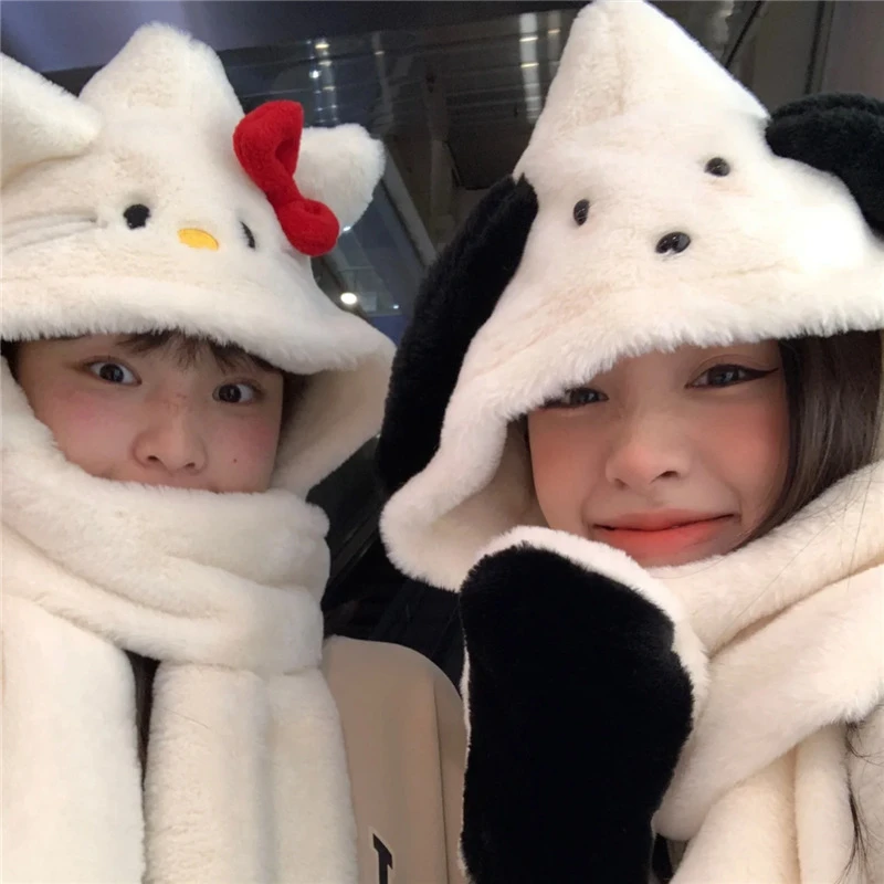 原创款猫咪狗狗帽子围巾手套三件套学生情侣秋冬保暖加厚一体帽