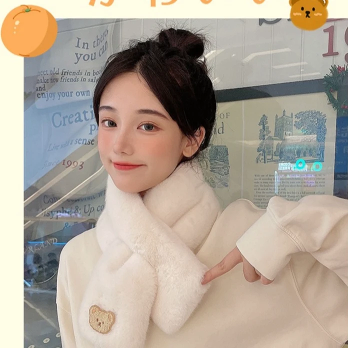 2024年冬季新款仿獭毛可爱小熊韩版毛绒加厚保暖交叉围脖