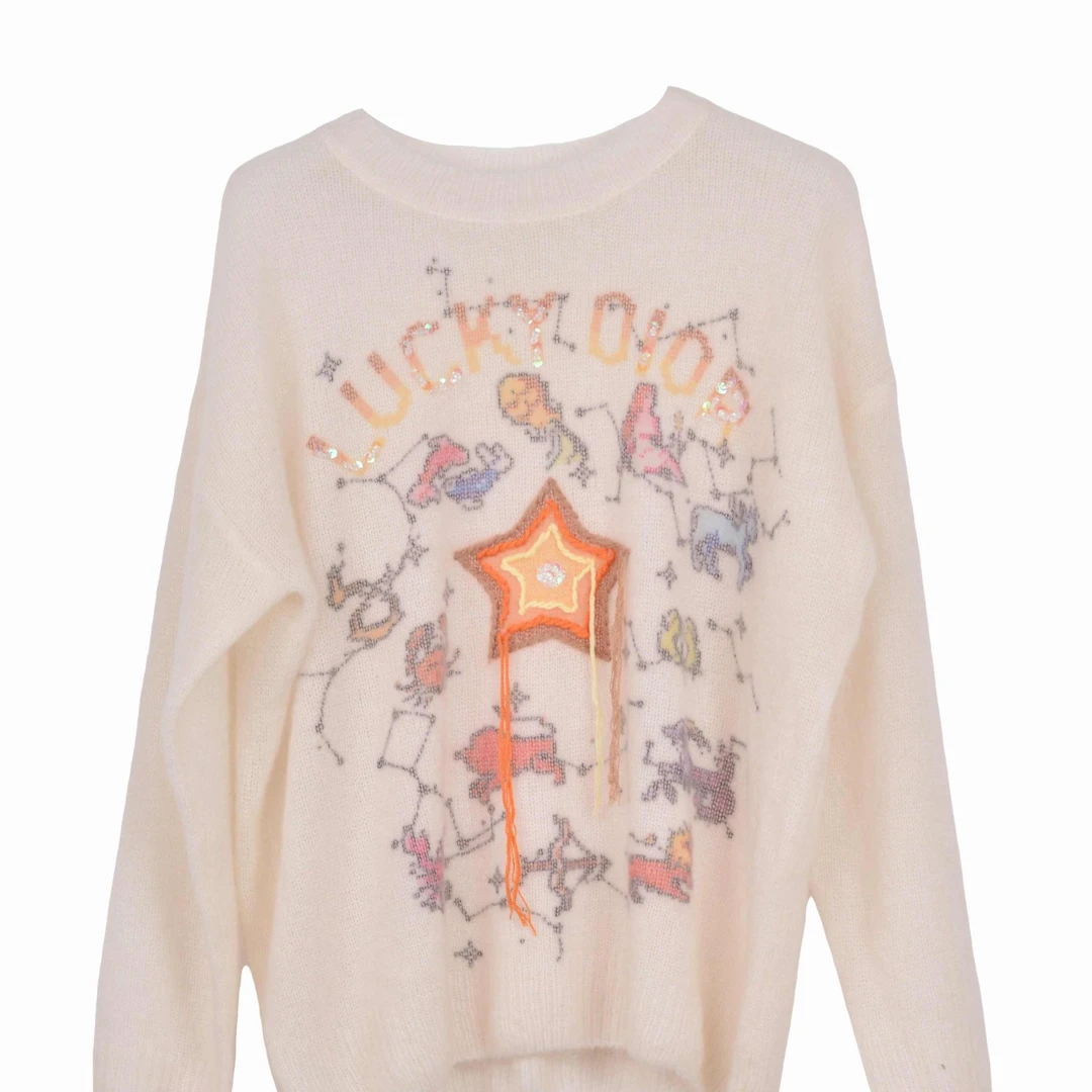 【YZ专属】长袖白色针织时尚印花圆领卡通套头毛衣QS0006