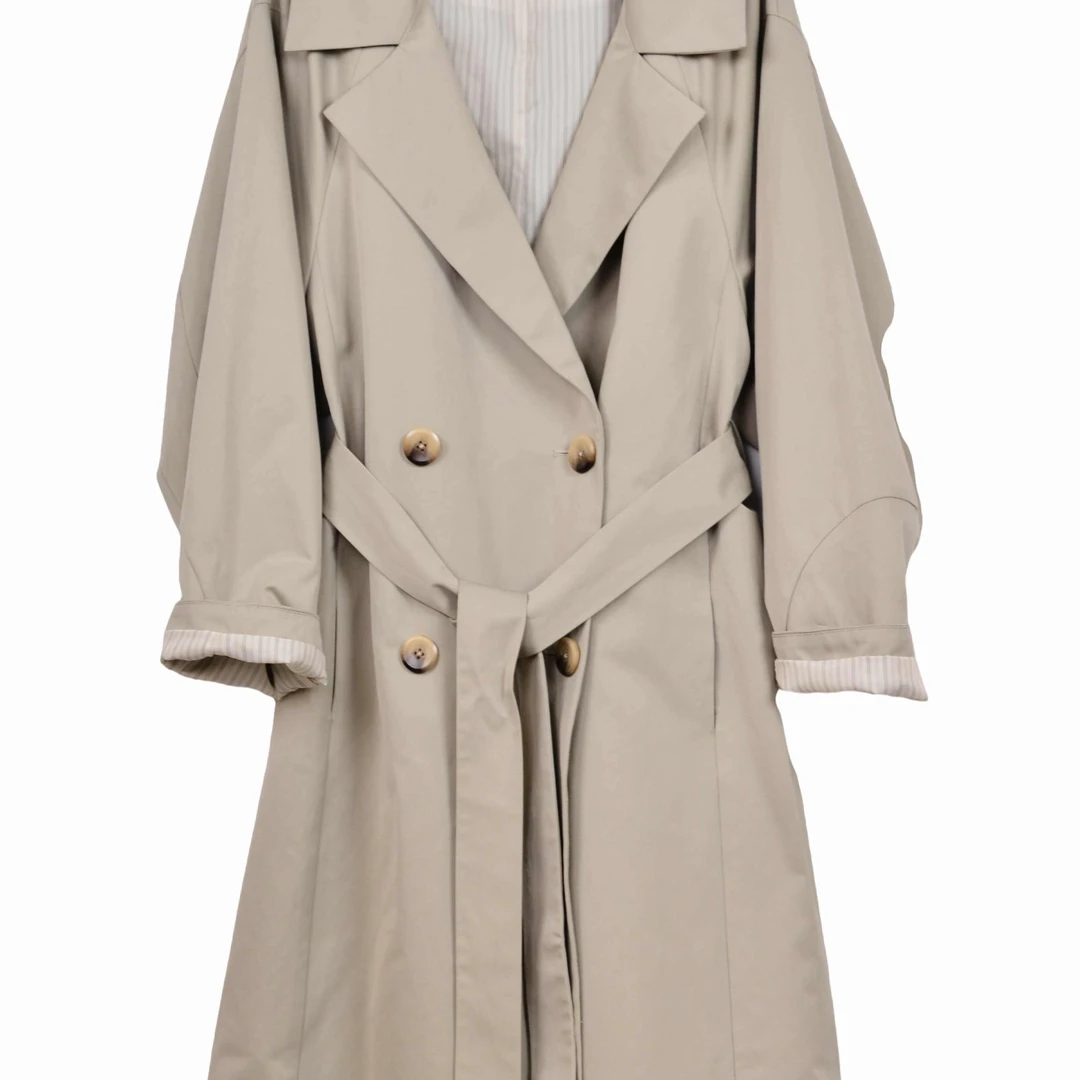 【万万甄选】气质休闲百搭中长款设计师卡其色双排扣风衣 QF6558