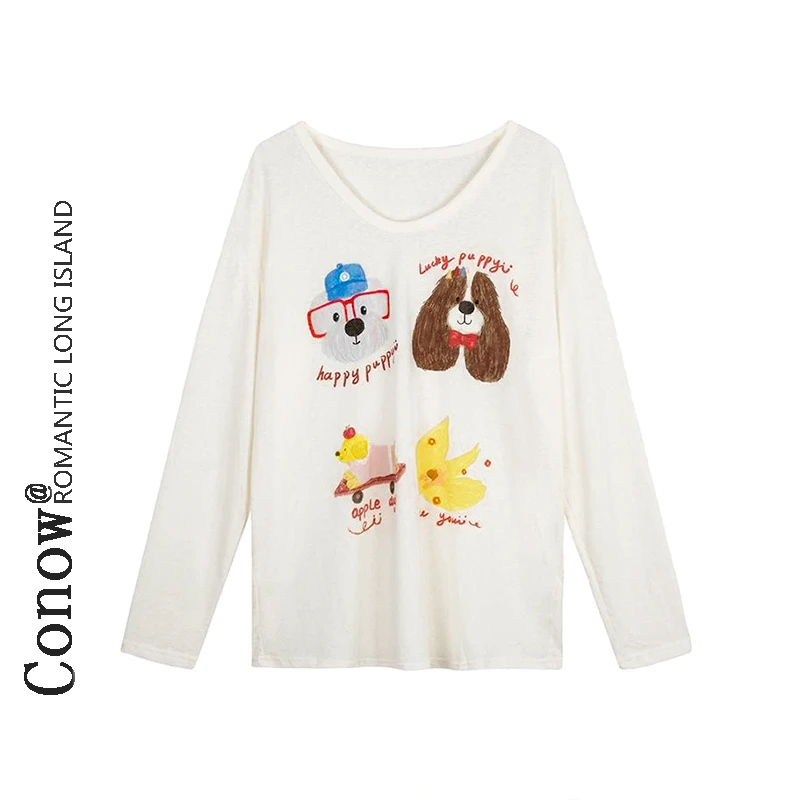 彩诺字母动物印花T恤长袖休闲百搭上衣学院风圆领可爱卡通打底衫