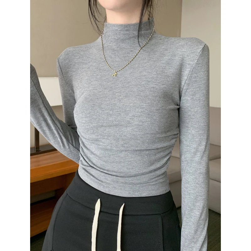 半高领灰色辣妹磨毛T恤女2025秋冬新款修身抽皱螺纹内搭打底上衣