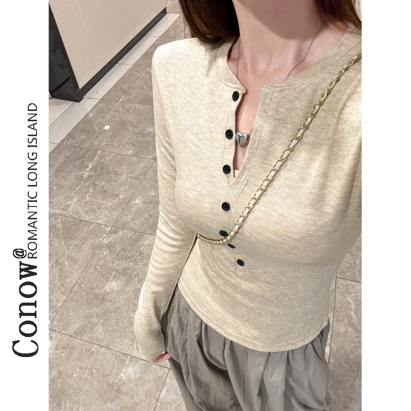 彩诺辣妹心机半开领长袖T恤女ins修身纯欲上衣秋冬加绒内搭打底衫