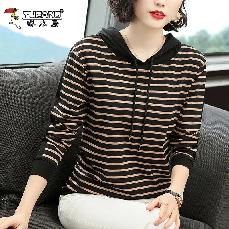 啄木鸟2024春秋新款连帽条纹休闲长袖T恤女韩版宽松百搭显瘦上衣