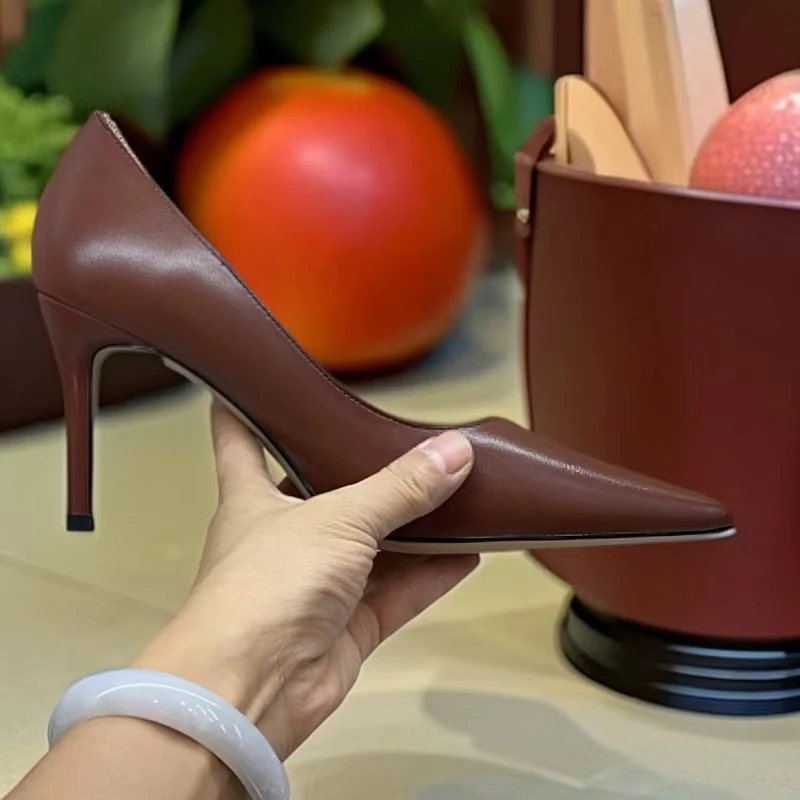 百搭哑光皮面咖啡色高跟鞋女细跟尖头舒适单鞋职场通勤