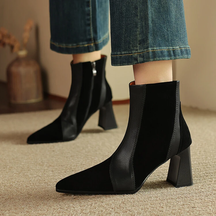 【BQ】牛皮新款复古轻奢风高跟尖头时尚气质短靴百搭