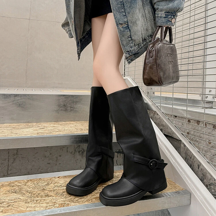 【BQ】春秋新款时尚百搭中跟裤管靴显瘦一脚蹬高筒简约复古风