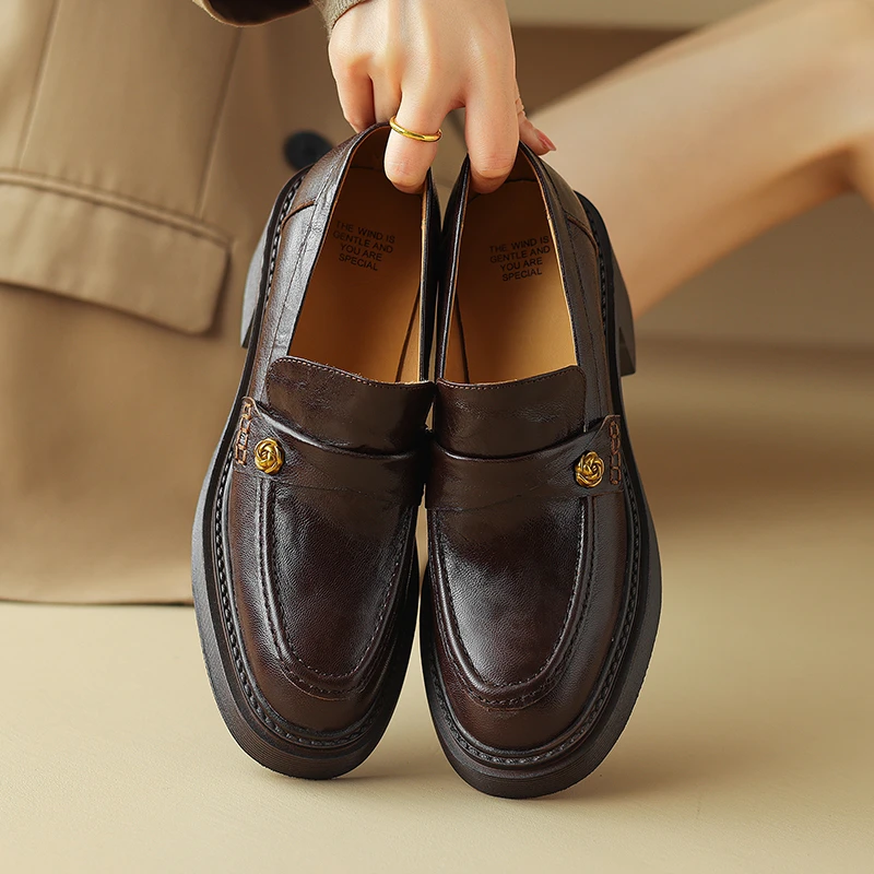 【DL】英伦风复古真皮厚底乐福鞋女春季粗跟高跟鞋软底小皮鞋GM7773