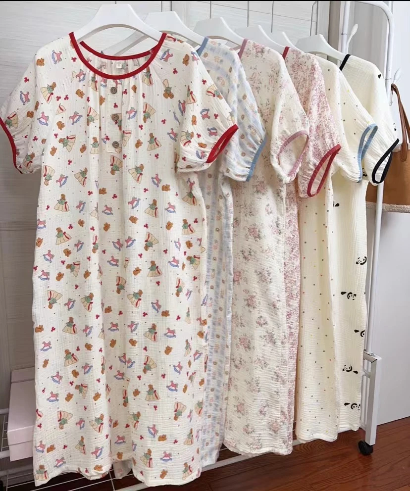 全棉棉纱泡泡皱皱纱ins风睡裙可爱甜美纯棉女睡衣春夏连衣裙