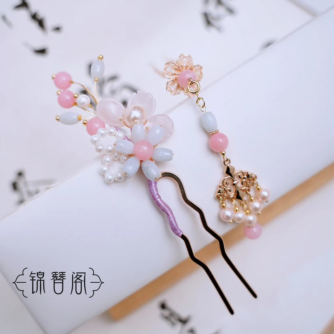 锦簪阁春不晚原创桃粉柳绿AB复原款发钗纯铜高保色汉服发饰