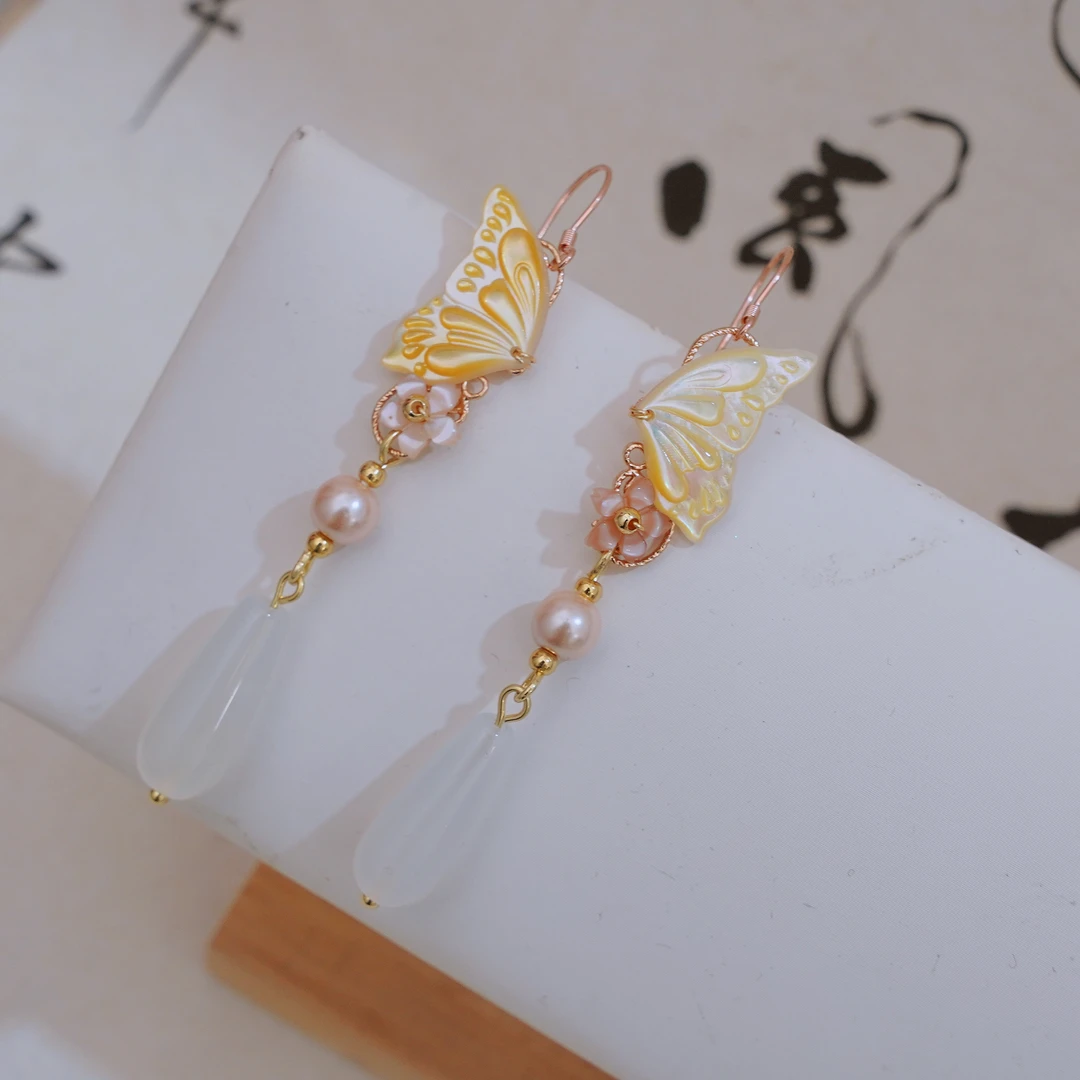 铜合金耳饰 锦簪阁《歆羡》碟贝古风925耳环古风纯铜高保色百搭